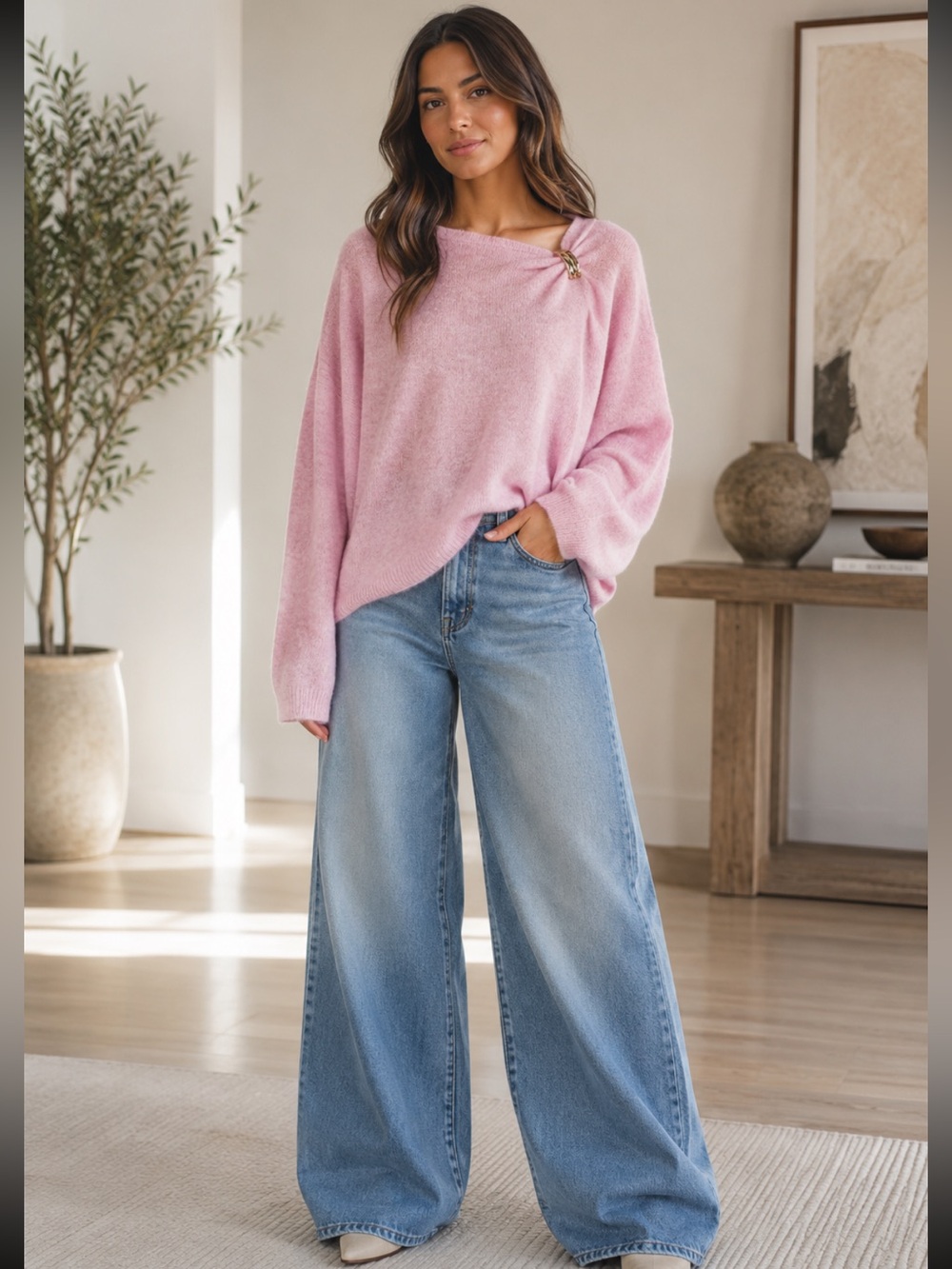 FROM PARIS FRANCE 🇫🇷 Pink Women's Sweater with Brooch